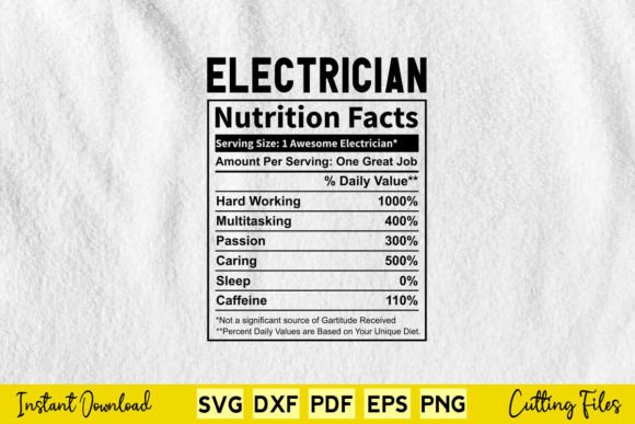 Funny Electrician Nutrition Facts Svg Graphics for Crafts